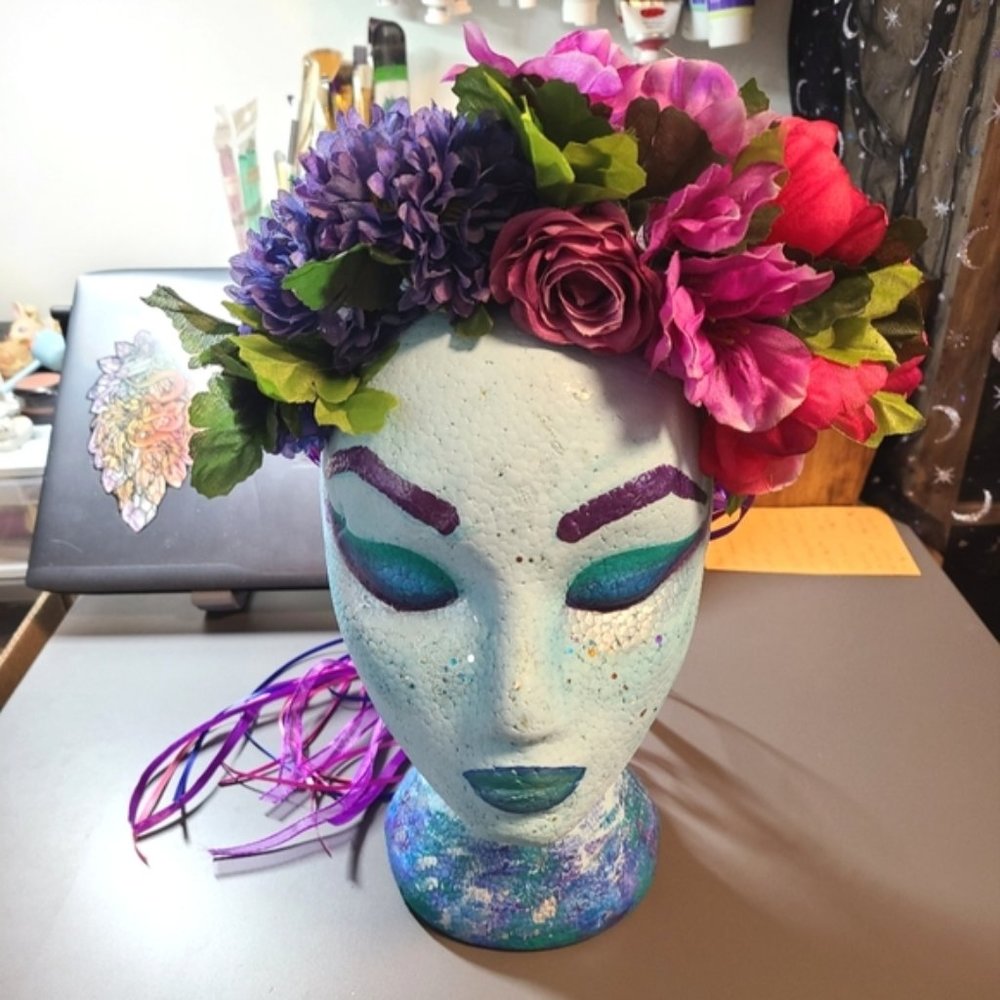Asymmetrical flower crown, blue/pink/purple